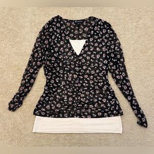 INC International Concepts Black Floral Long Sleeve Top Ruched V-Neck